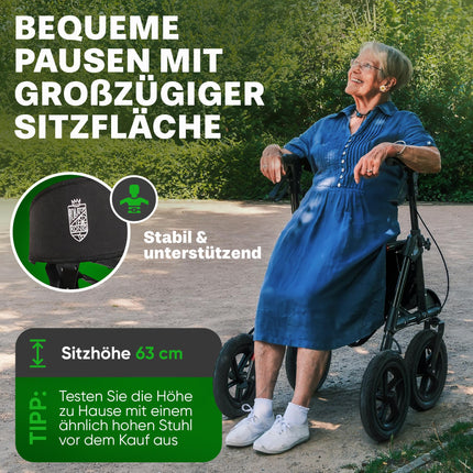 Outdoor rollator with pneumatic tires, a comfortable seat, and backrest—rugged, lightweight, and foldable. The affordable all-terrain rollator in titanium black.