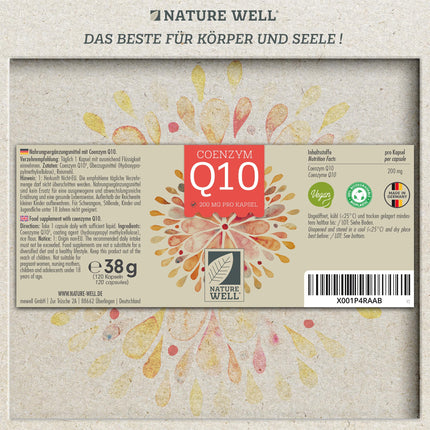 Q10 capsules high-dose 120x with 200mg coenzyme Q10 per capsule, high-quality coenzyme Q10 vegan from fermentation, without unwanted additives, supply for 4 months - NatureWell