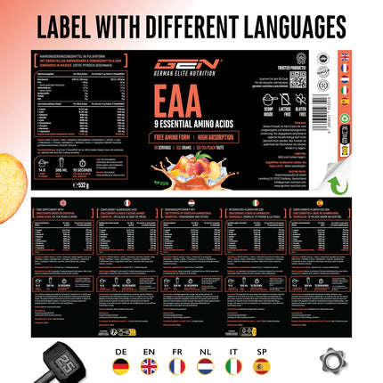EAA Powder 532 g - All 9 essential amino acids including histidine &amp; BCAA - Human Code Formula - Amino Workout Drink - Delicious &amp; Top Solubility - Vegan (Ice Tea Peach)
