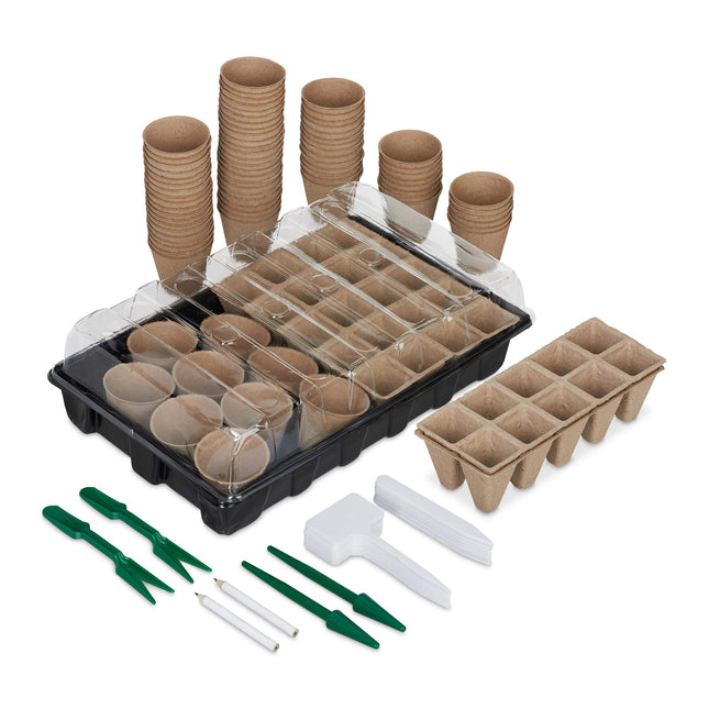 Relaxdays Growing Kit 131 Pieces, for Plants, Grow Box with Grow Pots, Transplanting Tool &amp; Plant Labels, Black