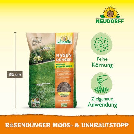 Neudorff Lawn Fertilizer Moss &amp; Weed Stop – Lawn fertilizer with iron and potassium ensures a dense, green lawn without moss and weeds, 10 kg for 200 m²