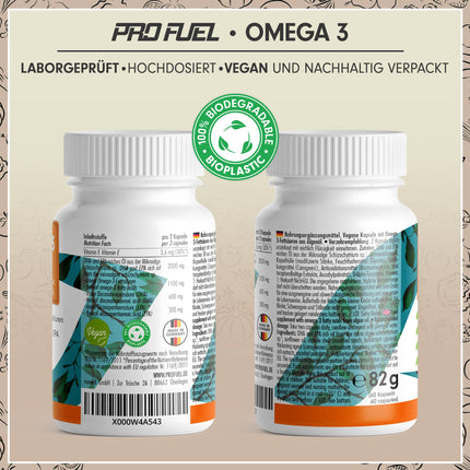 Omega-3 vegan capsules 60x - 2000 mg algae oil per day - high dosage: 600 mg DHA + 300 mg EPA - high-quality Omega-3 algae oil capsules with DHA &amp; EPA (2:1)