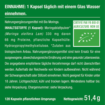 MORINGA Oleifera Capsules | Organic Certified NO Additives | Made in Germany | Energy Tabs in a 4-month supply | SUPERFOOD 100% VEGAN