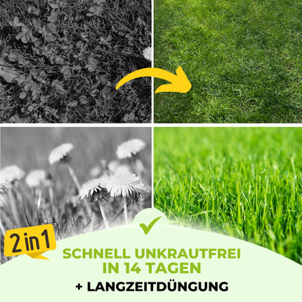 TerraUno lawn fertilizer with extra-strong weed killer, 100-day long-term effect, 5 kg for 250 m², against dandelions, clover, and much more. Lawn weed killer with fertilizer for lush green grass in spring and summer.