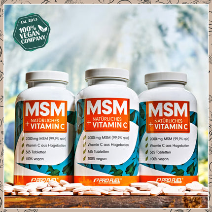 MSM 2000mg per day + natural vitamin C - 365 MSM tablets with methylsulfonylmethane - more compact MSM powder than MSM capsules - high dosage with 1000 mg per MSM tablet - laboratory-tested with certificate