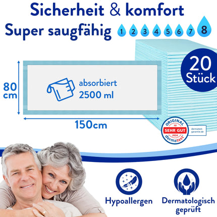 Harmony Care® 20 x Incontinence Bed Pad XL, 6-layer protective pads for beds - 80 x 150 cm absorbent medical pads - non-slip incontinence pad disposable