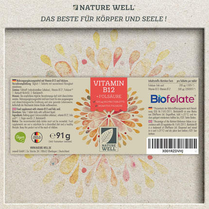 High-dose vitamin B12 - 365 tablets with 500µg of vitamin B12 + 200µg of folic acid per tablet - with methylcobalamin, adenosylcobalamin &amp; hydroxocobalamin vitamin B12 - laboratory-tested with certificate - 100% vegan