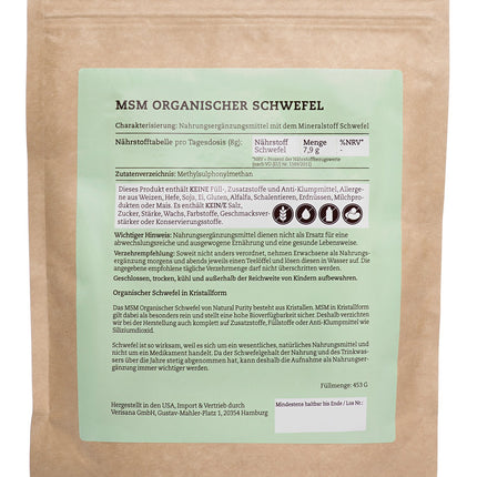 MSM Organic Sulfur Crystals (99.9% Methylsulfonylmethane) Natural Purity – 453g pure crystal form – higher bioavailability and higher dosage than capsules and powder
