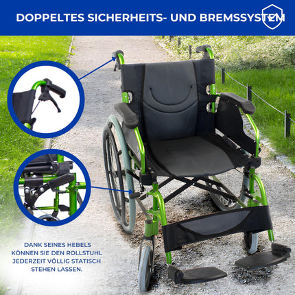 Mobiclinic®, Wheelchair, Bolonia, Aluminum, Foldable and lightweight, Folding split backrest, Removable footrest, Armrests, For adults, Green