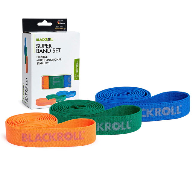 BLACKROLL® SUPER Band FITNESS BAND Set (3-pack), exercise bands for strengthening muscles, flexible resistance bands in 3 strengths: light (orange), medium (green) &amp; strong (blue), Made in Germany