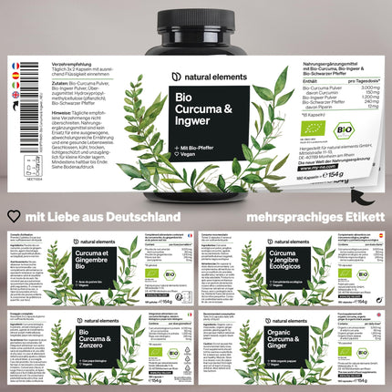 natural elements Organic Turmeric &amp; Ginger – 180 Capsules – Organic Turmeric, Organic Ginger &amp; Organic Pepper – with Curcumin &amp; Piperine – High Dosage – Produced in Germany &amp; Laboratory Tested Vegan
