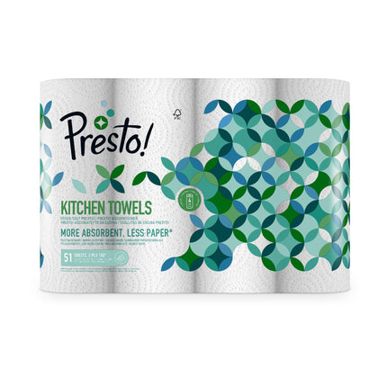 Amazon Brand: Presto! TAD Kitchen Roll, Extra Absorbent, 32 Rolls (4 Rolls, 8 Pack), 51 Sheets per Roll, Wring and Reuse, FSC Certified