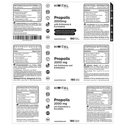 Propolis 2000 mg. 180 vegan capsules for a 6-month course. Extracts of propolis with 10% galangin, echinacea with 4% polyphenols, and eucalyptus. Manufactured by HIVITAL