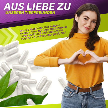 Vita2You Hyaluronic Acid Ultra 650mg - 90 vegan capsules - plant-based from fermentation - 500-700 kDa - High dosage - 3-month supply - no additives - Hyaluron - Premium quality