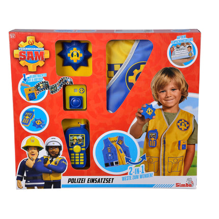 Simba 109252478 - Fireman Sam Police Operation Set, Printed Vest with Reversible Function, Body Cam 5cm with Image Viewer, Walkie-Talkie, Brand