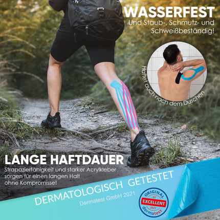 Health Press® Kinesiotapes - 2 Kinesiology Tape Rolls Blue + Black (5cm x 5m) Kinesiotape - Professional Physio Tape and Sports Tape - Skin-friendly Tapes DERMATEST: VERY GOOD