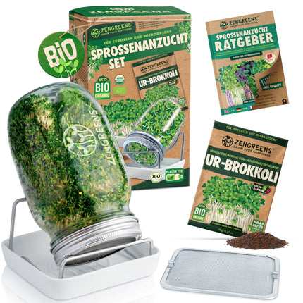 zengreens® Organic Sprouts Growing Kit – Sprouting Jar Set of 1, 2, or 3 – Includes sprouting jar, growing tray, and sprouting seeds – Includes a 50-page guide and 10-part online video course