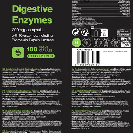 Digestive Enzymes - 10 Enzymes including Bromelain and Papain, High Concentration - 200mg per Capsule - 180 Vegan Capsules - Suitable for All Diets - No Additives, Gluten-Free