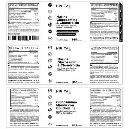 Glucosamine with Chondroitin. 365 capsules for a 4-month treatment. With 1500 mg of Marine Glucosamine 2KCL, Marine Chondroitin, MSM, Boswellia Serrata, and Quercetin. Manufactured by HIVITAL