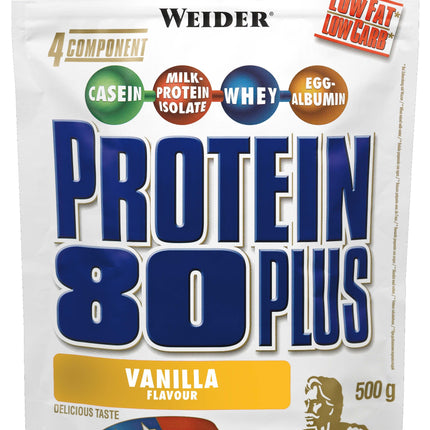 Weider - Protein 80 Plus - 4-component protein powder - High protein content with 80% protein - Creamy shakes with calcium &amp; vitamin B6 - 500g - Vanilla