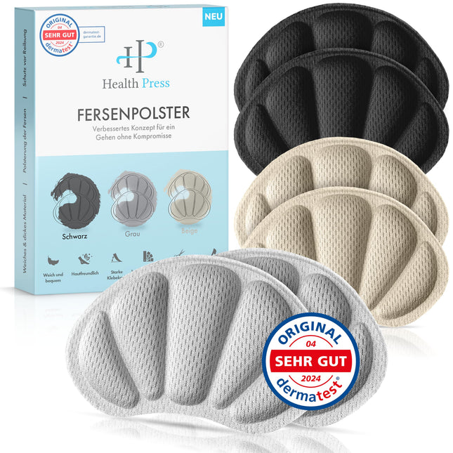 Health Press® Heel Cushions for Shoes – Premium Heel Protection Heel Cushions – 3 Pairs of Shoe Insoles in Black, Grey, Beige – Anti-Slip Insoles for Large Shoes – Heel Protection Cushions to Prevent Friction and Blisters