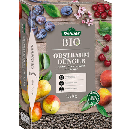 Dehner Organic Fruit Tree Fertilizer, high-quality fertilizer for fruit trees, organic NPK fertilizer, with trace nutrients, ecologically valuable, natural long-term effect, 1.5 kg, colorful