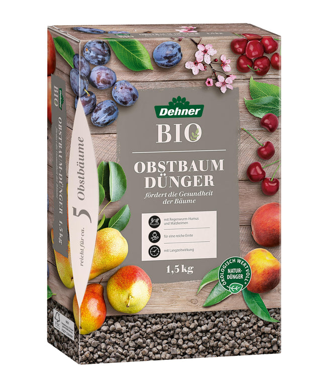 Dehner Organic Fruit Tree Fertilizer, high-quality fertilizer for fruit trees, organic NPK fertilizer, with trace nutrients, ecologically valuable, natural long-term effect, 1.5 kg, colorful