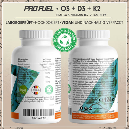 Omega-3 vegan + D3 &amp; K2 (90x), 1100mg algae oil with 600mg DHA &amp; 300mg EPA + 1000 IU vitamin D3 + 40 µg vitamin K2 - O3 D3 K2 vegan Essentials - Omega-3 capsules, high-dose, bioavailable &amp; laboratory-tested