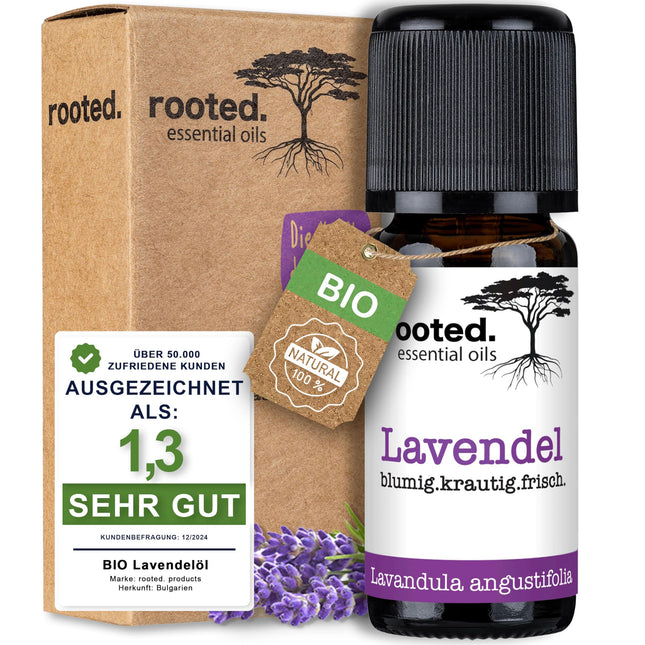 rooted.® ORGANIC Lavender Oil 10ml [100% PURE] - True Lavender - Lavandula angustifolia - Essential Oil for Aromatherapy, Fragrance Lamps, Diffusers, Room Fragrance, Scented Candles, and Soaps