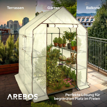 Arebos Premium Polytunnel Greenhouse with 3 Levels - 143 x 143 x 195 cm Greenhouse with Shelves &amp; Ventilation Window - Space-Saving, High-Quality Propagation House Garden Balcony Stable