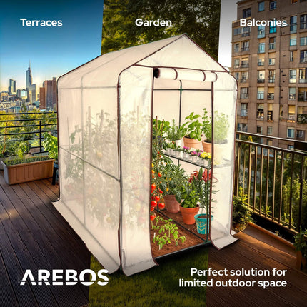 Arebos Premium film greenhouse with 2 levels - 120 x 186 x 190 cm greenhouse with shelves - space-saving, high-quality greenhouse for gardens and balconies, stable and easy to assemble
