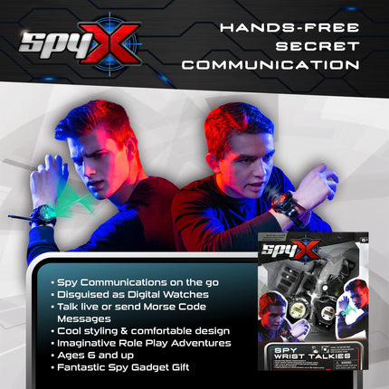 SpyX 10538 Spy Wrist Talkies for Kids - Hands-free secret communication via disguised walkie-talkies for fun spy missions - Includes watch disguise and Morse code option, 6+