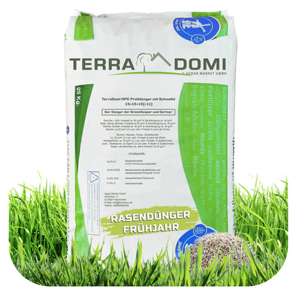 TerraDomi Lawn Fertilizer Spring, Summer &amp; Autumn 25kg NPK 15-15-15 | Fertilizer with long-lasting effect | Displaces moss | For over 1000 m² of lawn | Spreader-suitable fertilizer | Low dust &amp; with extra sulfur