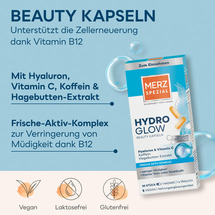 Merz Spezial Hydro Glow Beauty Capsules – 1 x 30 Capsules – vegan dietary supplement with hyaluronic acid and vitamin C – beauty routine for your skin – beauty from within
