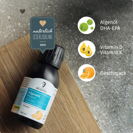 Dr. Johanna Budwig Omega 3 Algae Oil Vegan Orange (100ml) - high dosage, rich in DHA, EPA, vitamin D3 and K2 - liquid algae oil vegan, oil liquid algae oil laboratory-tested