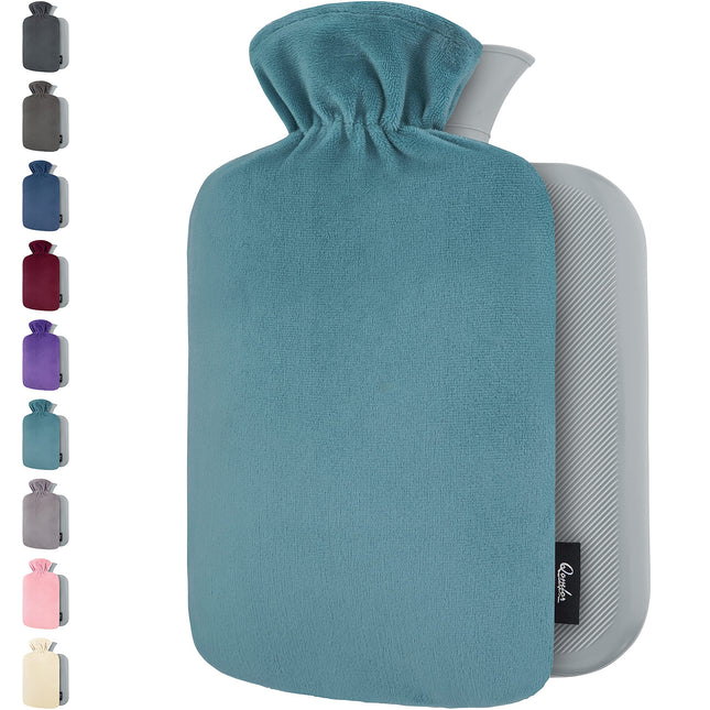 Hot Water Bottle with Cover – Soft Premium Fleece Cover – 1.8l Large Hot Water Bottle, Hot Water Bottle for Children, Hot Water Bottle for Adults – Green Blue