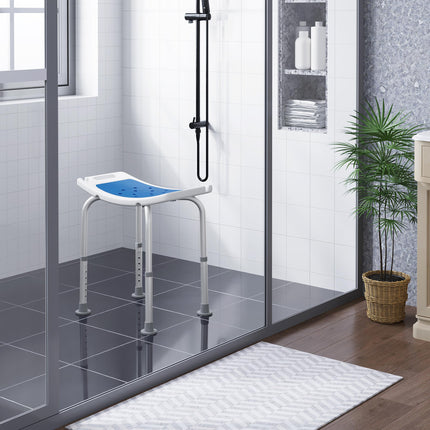 EUGAD Shower Stool, Height-Adjustable Shower Chair, Anti-Slip Feet Handles, Shower Seat, Bath Seat, with Shower Head Holder, for Seniors and Pregnant Women, Made of Aluminum Plastic, 40-53.5 cm, White/Blue
