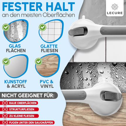 LECURE® Shower Grab Bar [2 Pieces] No Drilling Required - Extra Strong Shower &amp; Bath Grab Bar with Suction Cup - Ideal for Seniors and People with Physical Disabilities [110 kg Load Capacity]