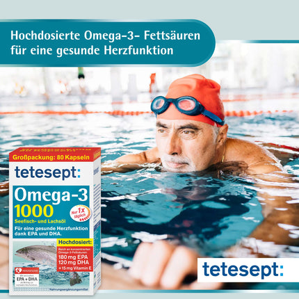 tetesept Omega-3 1000 - Sea Fish and Salmon Oil Capsules - High Dose Omega 3 Fatty Acids DHA, EPA &amp; Vitamin E - Dietary Supplement to Support the Cardiovascular System - 80 Capsules (1 Pack)