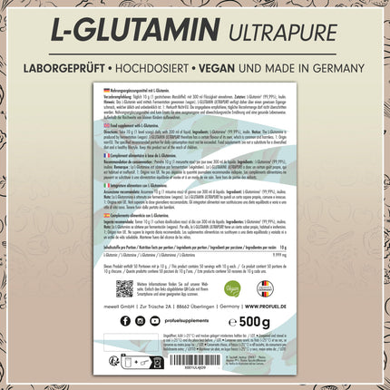 L-Glutamine Powder 500g vegan, optimally high dosage &amp; tasteless, L-Glutamine without additives, ultrapure with over 99.9% purity, from fermentation, laboratory-tested, supply for 50 days