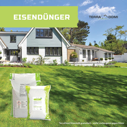 TerraDomi Iron Fertilizer 25kg for approx. 1000m² | Turbo fertilizer tailored to lawns with moss | Granulated, suitable for spreader applications and dust-free
