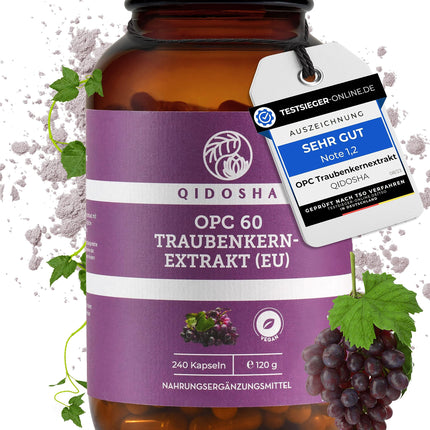 QIDOSHA® Premium OPC Grape Seed Extract High Dose I TEST WINNER 08/2023* I 240 Capsules in a Jar I Grape Seed Extract Capsules High Dose with 60% Pure OPC I Vegan