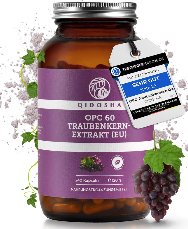 QIDOSHA® Premium OPC Grape Seed Extract High Dose I TEST WINNER 08/2023* I 240 Capsules in a Jar I Grape Seed Extract Capsules High Dose with 60% Pure OPC I Vegan