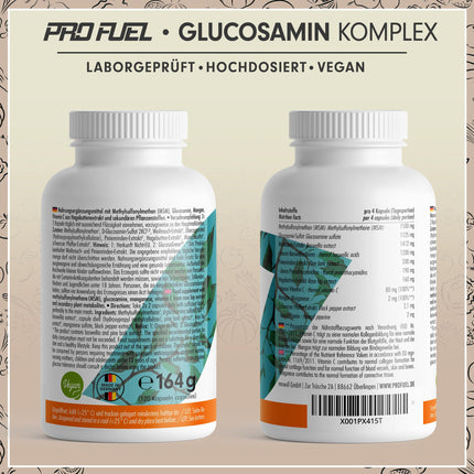 Glucosamine Complex High Dose, 120 Capsules, High-quality matrix with glucosamine, frankincense, MSM, pine bark, manganese and natural vitamin C from rosehip extract, optimally high dosage, one-month supply
