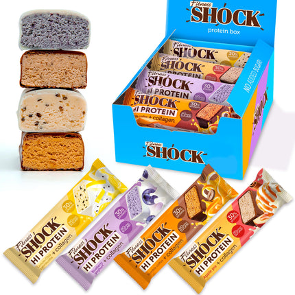 FitnesSHOCK Protein Bar Set Mix Box with high 30% 12g protein content Protein bar without added sugar with 5g collagen low carb high fiber low calorie 12pcs 40g