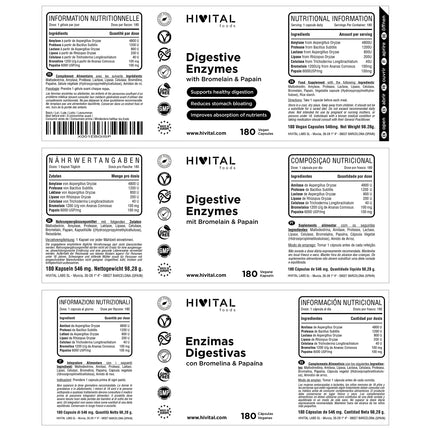 Digestive enzymes. 180 vegan capsules for a 6-month course. Amylase, protease, lactase, lipase, cellulase, bromelain, and papain. Manufactured by HIVITAL