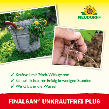 Neudorff Finalsan UnkrautFrei Plus Concentrate, a powerful weed killer that works right down to the root. Fast-acting weed remover, 1 x 2 liters, green