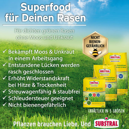 Substral 3 in 1 Complete Lawn Fertilizer with Weed Killer and Moss Killer, 14 kg for 400 m², Green