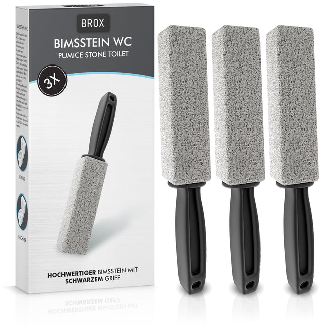 BROX® Pumice Stone Toilet 3 Pieces – Toilet Cleaner for Stubborn Urine Scale &amp; Limescale – Pumice Stone Toilet – Toilet Stone for Effective Cleaning – Cleaning Stone – Urine Stone Remover with Black Handle