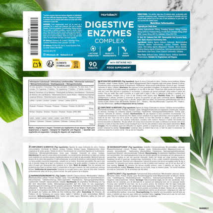 Digestive Enzymes | Enzyme Complex Amylase, Protease, Lactase, Lipase, and Cellulase | Betaine HCl | 90 vegan tablets | Digestive Enzymes | Horbaach